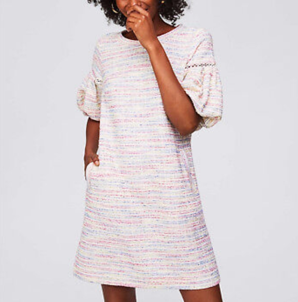 LOFT Colorful Boucle Tweed Puff Sleeve Shift Dress